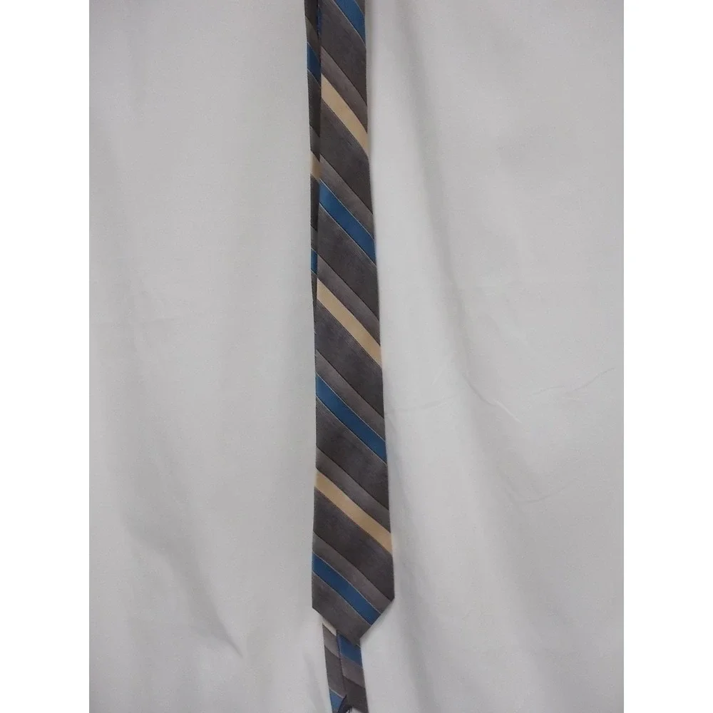 Peebles Collection Mens Silk Blend Striped Necktie Grey Blue Cream Formal Tie